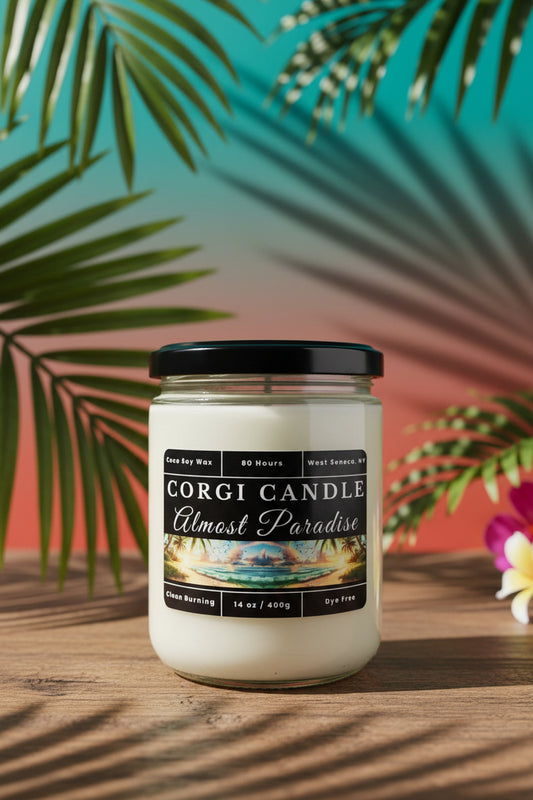 Almost Paradise 14 oz Soy Scented Candle by CORGI CANDLE in large glass jar with lid, tropical floral fragrance, eco-friendly hand-poured candle made in West Seneca NY