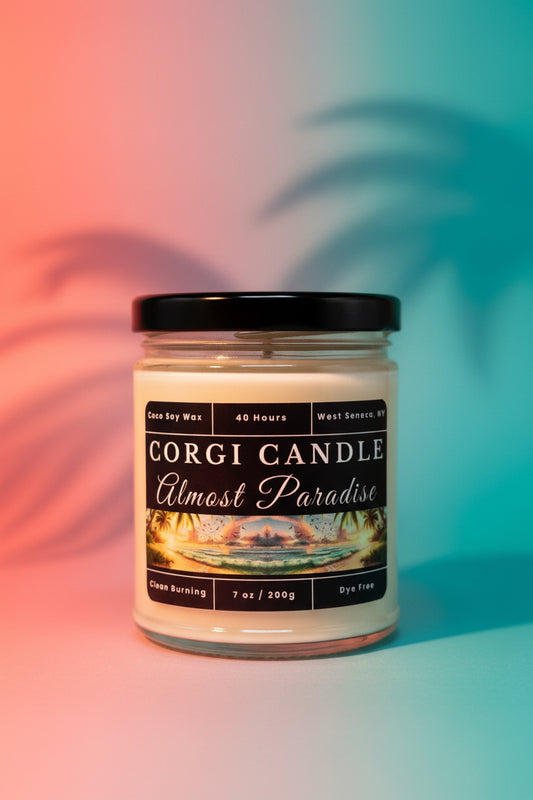 Almost Paradise 7 oz Soy Scented Candle by CORGI CANDLE in clear glass jar with lid, tropical summer fragrance, eco-friendly hand-poured candle made in West Seneca NY