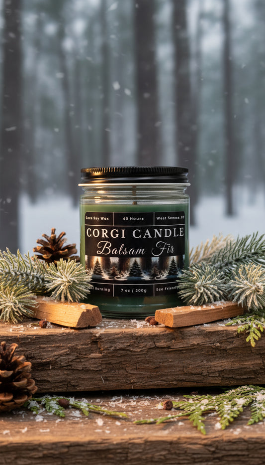 Corgi Candle Balsam Fir candle on a log with a forest background