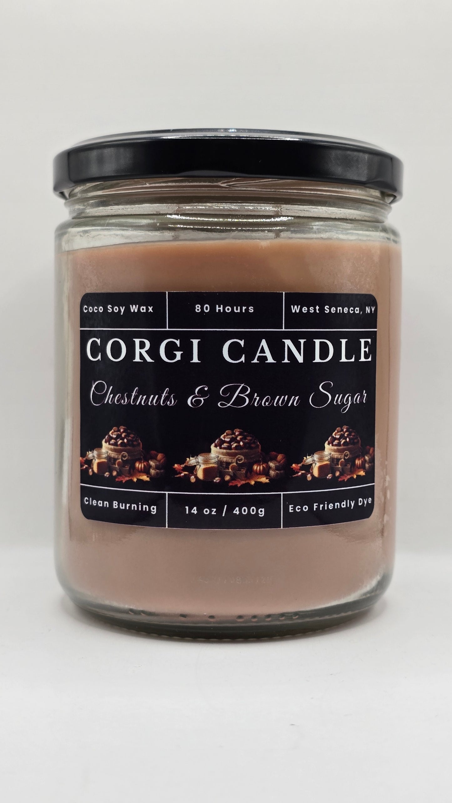 Corgi Candle jar with label on a white background