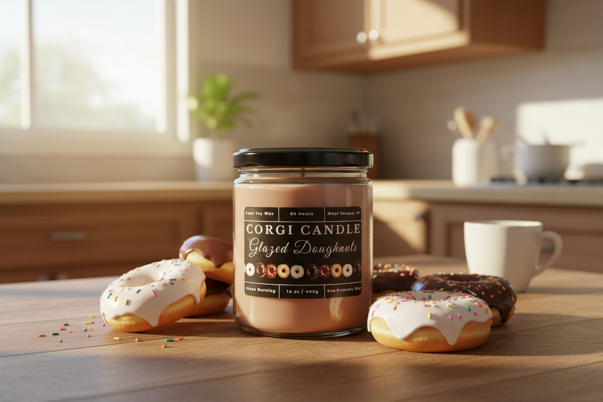 Corgi Candle glazed doughnuts candle in a glass jar with a black lid on a white background