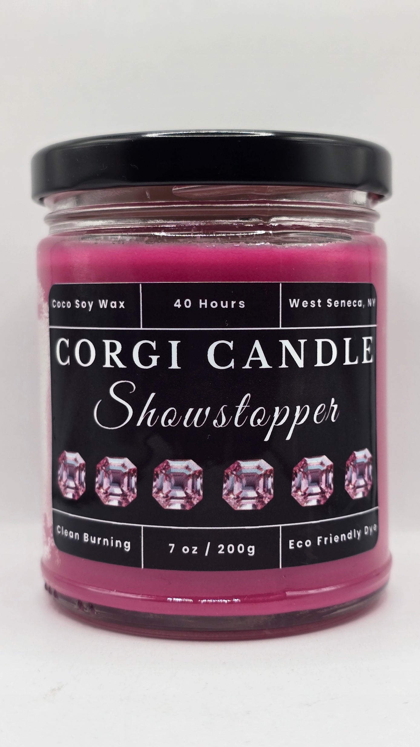Showstopper 14 oz soy scented candle by CORGI CANDLE in large clear glass jar, bold luxurious fragrance, eco-friendly candle hand poured in West Seneca New York