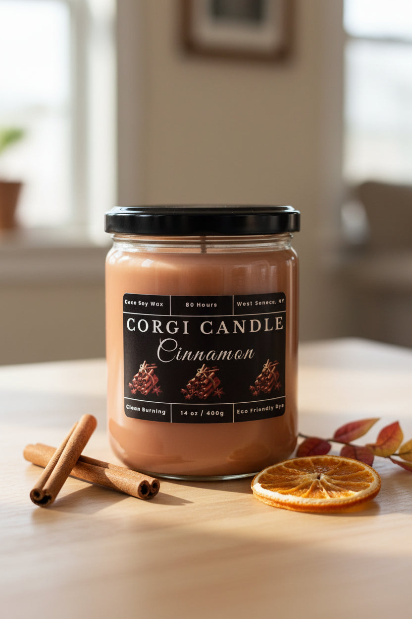 CORGI CANDLE 14 oz Cinnamon soy and coconut wax candle on a rustic wood surface with cinnamon sticks, dried orange and autumn leaves.