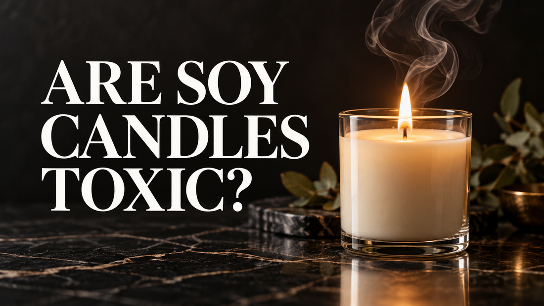 Lit soy candle in a clear glass jar with curling smoke against a dark background, beside the text "Are Soy Candles Toxic?" exploring soy wax safety and candle ingredients.