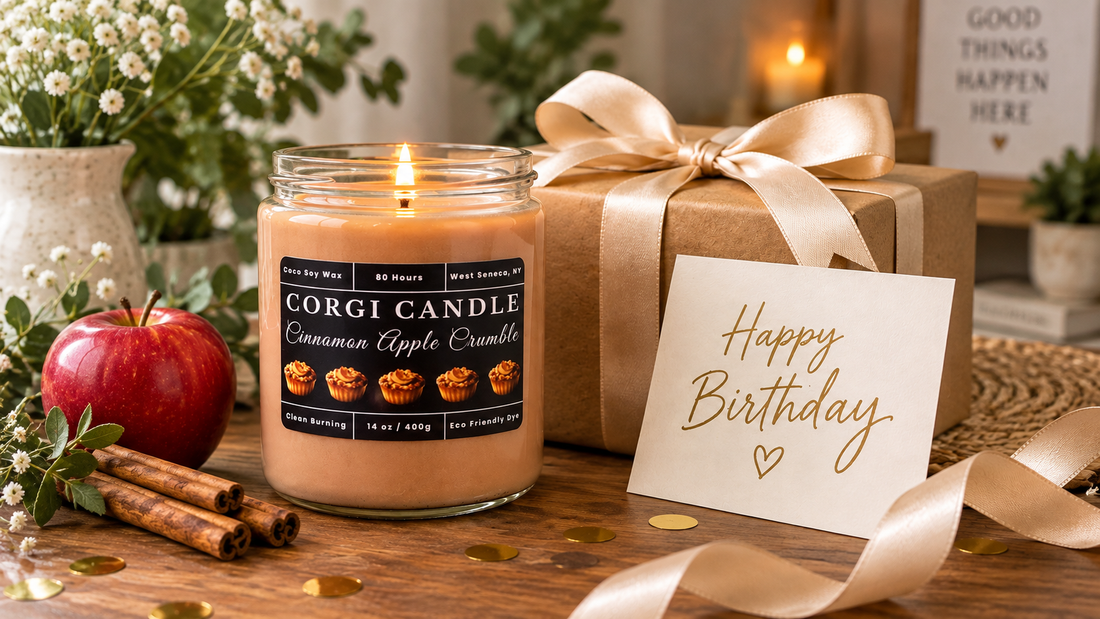 Unique birthday gift ideas featuring a handmade CORGI CANDLE candle and wrapped birthday gift