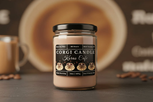Kora's Café coffee scented soy candle from CORGI CANDLE inspired by Paris café aroma with rich espresso and roasted coffee fragrance in a handcrafted candle jar