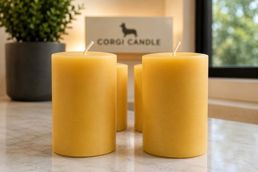 Professional product photo of natural beeswax pillar candles at CORGI CANDLE in West Seneca NY, featuring clean-burning yellow beeswax candles displayed on a marble surface with warm cozy lighting.