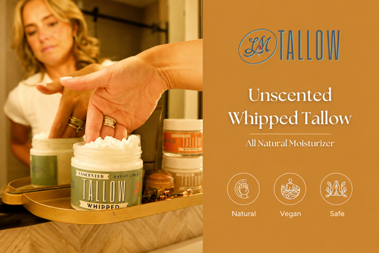 Unscented whipped beef tallow moisturizer with woman applying natural skincare, Lady May Tallow