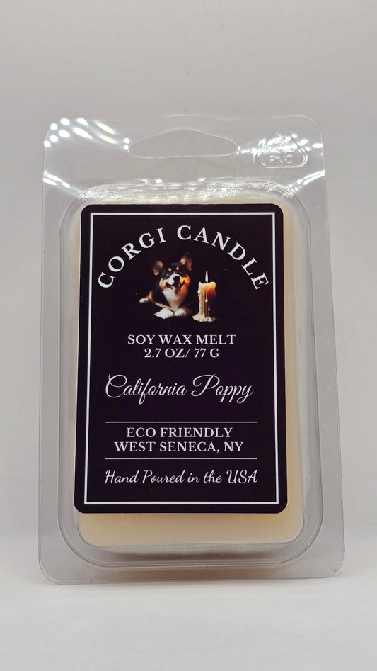 California Poppy Wax Melt – Hand Poured Soy Wax Melt by CORGI CANDLE in West Seneca NY featuring a bright floral fragrance inspired by blooming California poppies and fresh spring petals. Black and white label on wax melt clamshell packaging.