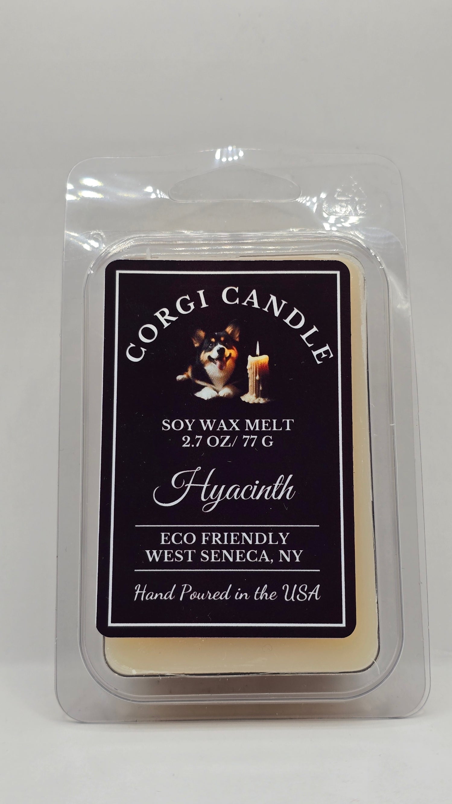 Hyacinth Wax Melt – Hand Poured Soy Wax Melt by CORGI CANDLE in West Seneca NY featuring a fresh spring hyacinth floral fragrance. Black and white label on wax melt clamshell packaging.