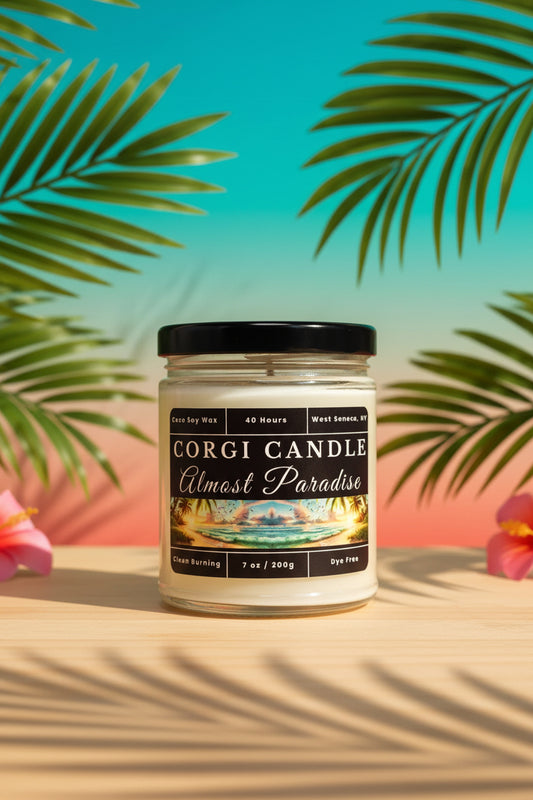 Almost Paradise 7 oz Soy Scented Candle by CORGI CANDLE in clear glass jar with lid, tropical summer fragrance, eco-friendly hand-poured candle made in West Seneca NY
