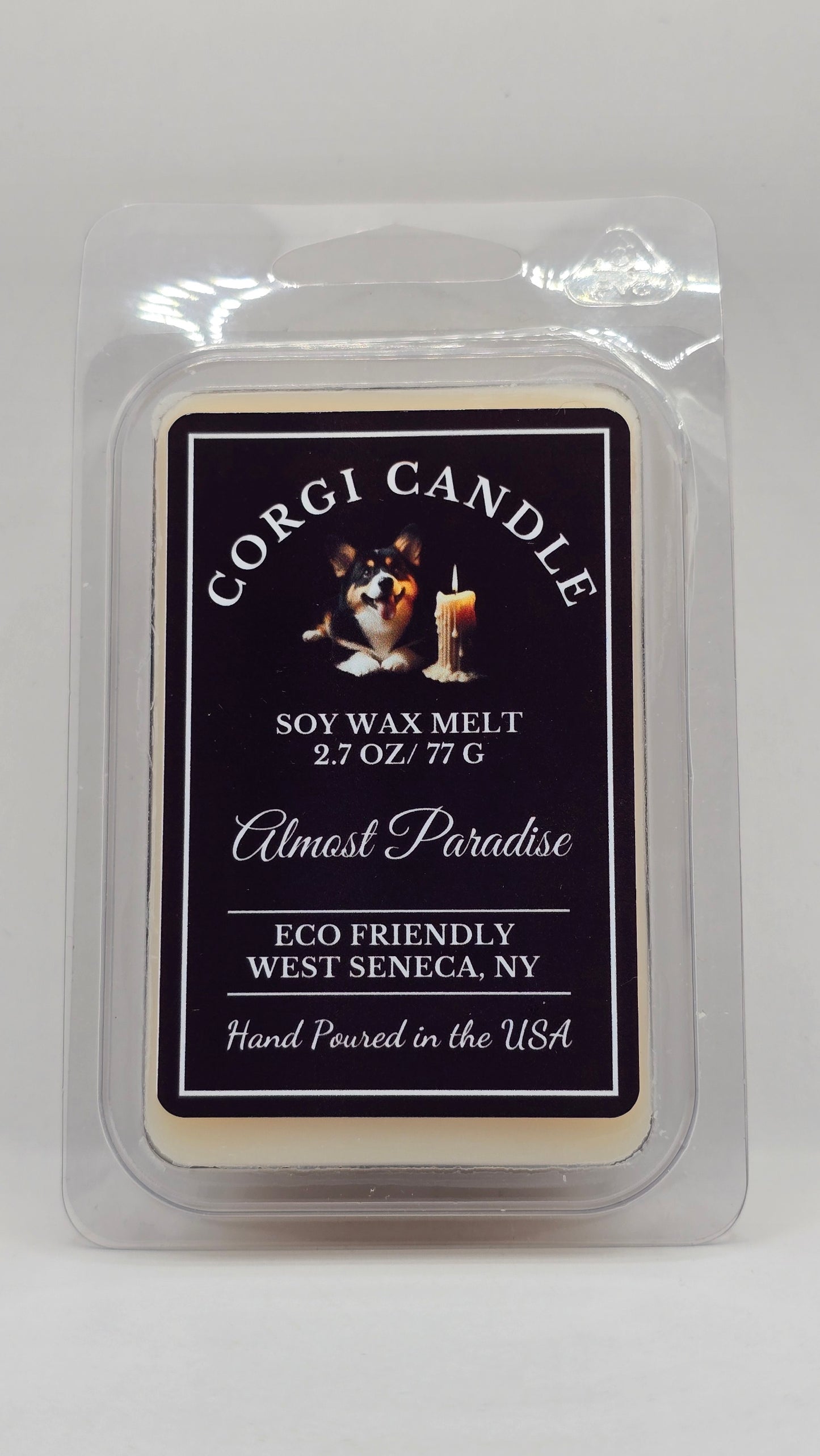 Almost Paradise soy wax melt by CORGI CANDLE in clear clamshell packaging with black label, 2.7 oz hand-poured in West Seneca, NY.