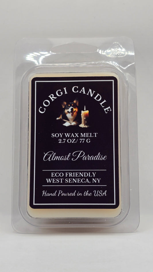 Almost Paradise soy wax melt by CORGI CANDLE in clear clamshell packaging with black label, 2.7 oz hand-poured in West Seneca, NY.