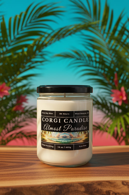 Almost Paradise 14 oz Soy Scented Candle by CORGI CANDLE in large glass jar with lid, tropical floral fragrance, eco-friendly hand-poured candle made in West Seneca NY