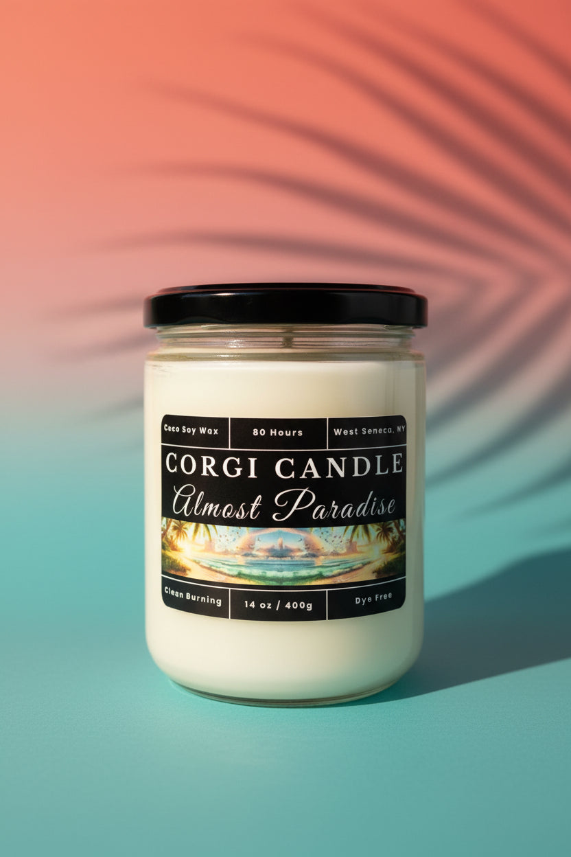 Almost Paradise 14 oz Soy Scented Candle by CORGI CANDLE in large glass jar with lid, tropical floral fragrance, eco-friendly hand-poured candle made in West Seneca NY