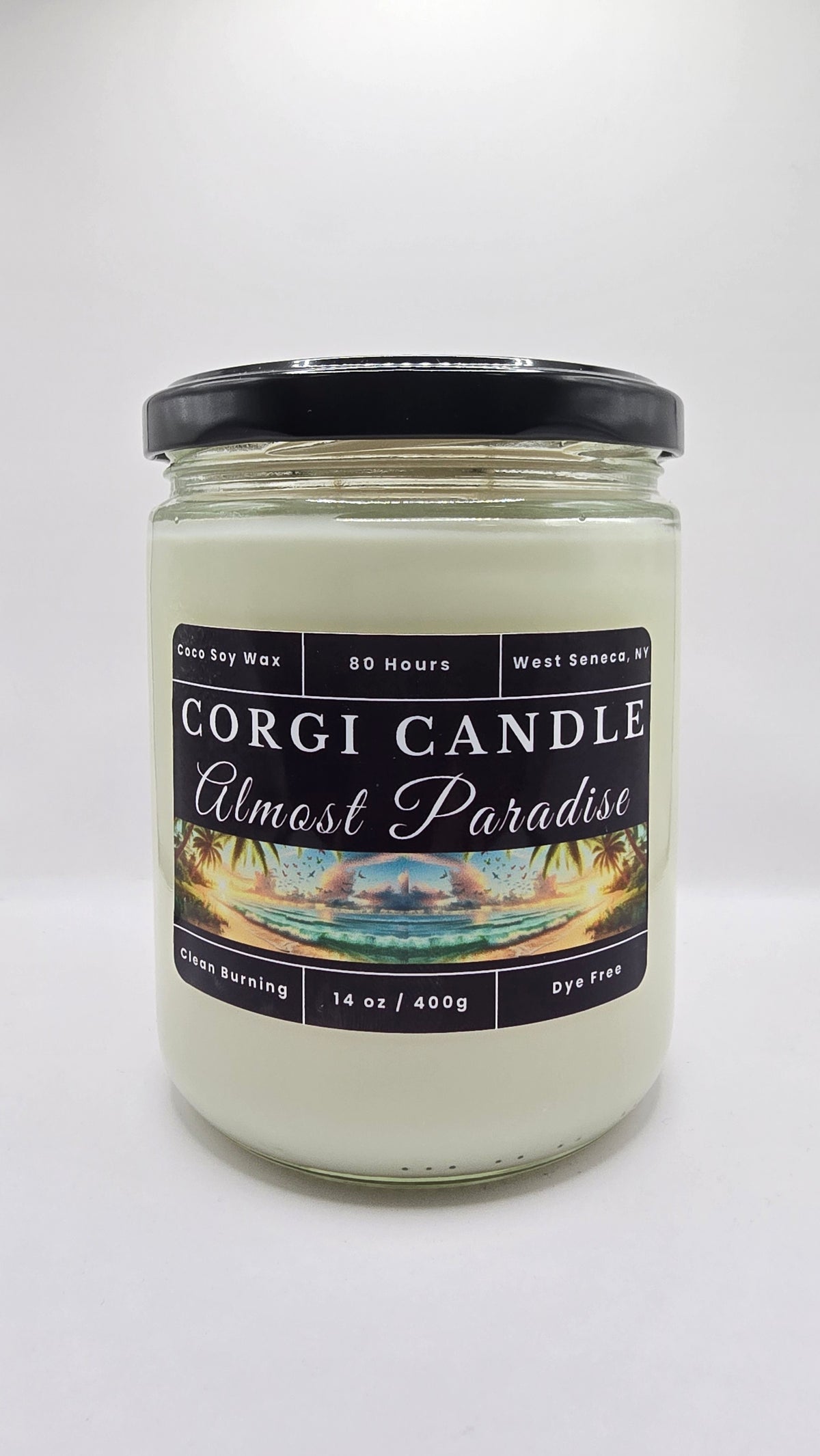 Almost Paradise 14 oz Soy Scented Candle by CORGI CANDLE in large glass jar with lid, tropical floral fragrance, eco-friendly hand-poured candle made in West Seneca NY