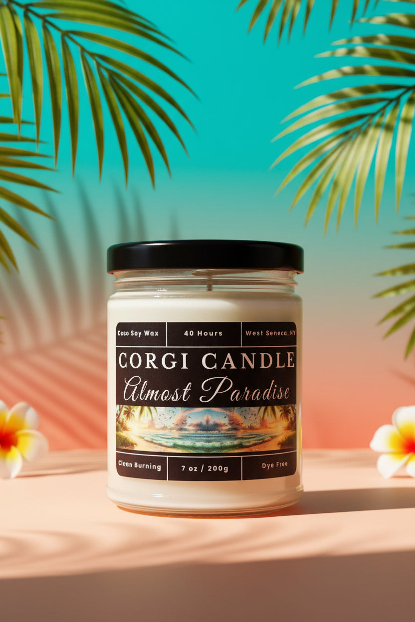 Almost Paradise 7 oz Soy Scented Candle by CORGI CANDLE in clear glass jar with lid, tropical summer fragrance, eco-friendly hand-poured candle made in West Seneca NY