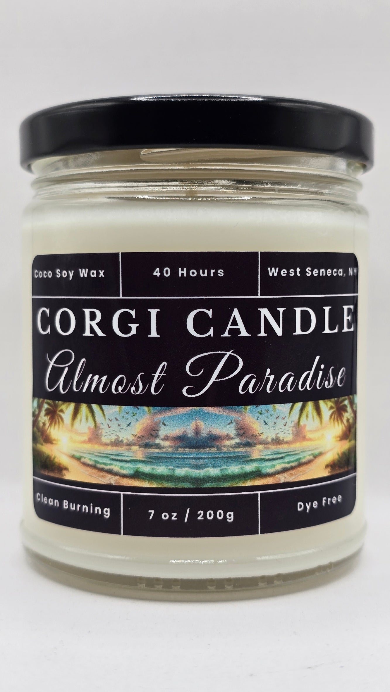 Almost Paradise 7 oz Soy Scented Candle by CORGI CANDLE in clear glass jar with lid, tropical summer fragrance, eco-friendly hand-poured candle made in West Seneca NY