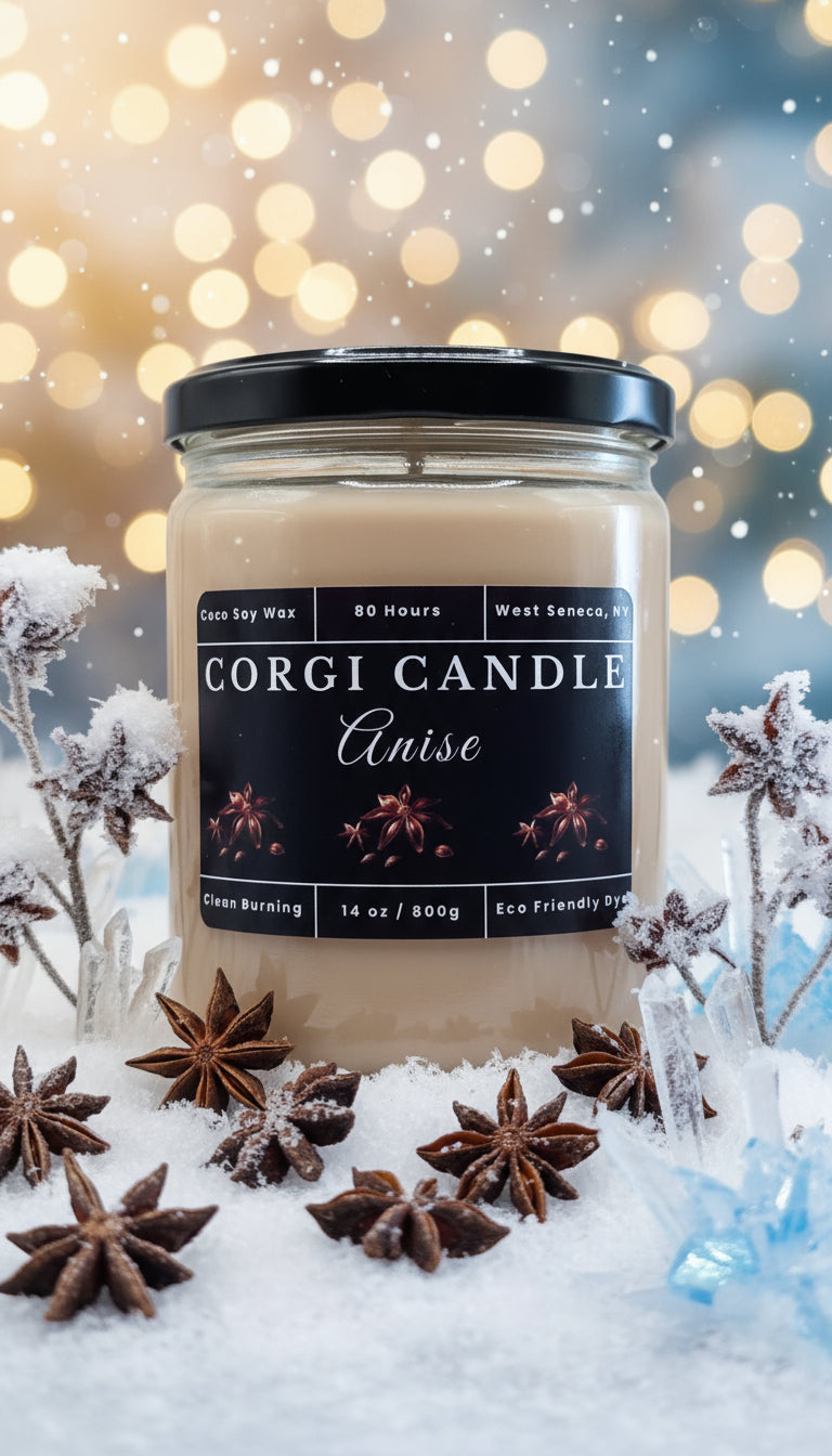 Anise Soy Scented candle in jar with black label by corgi candle.