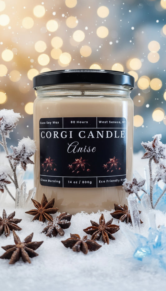 Anise Soy Scented candle in jar with black label by corgi candle.