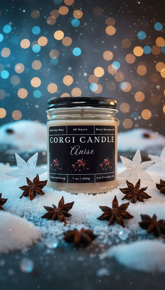 Corgi Candle jar with black label on a white background