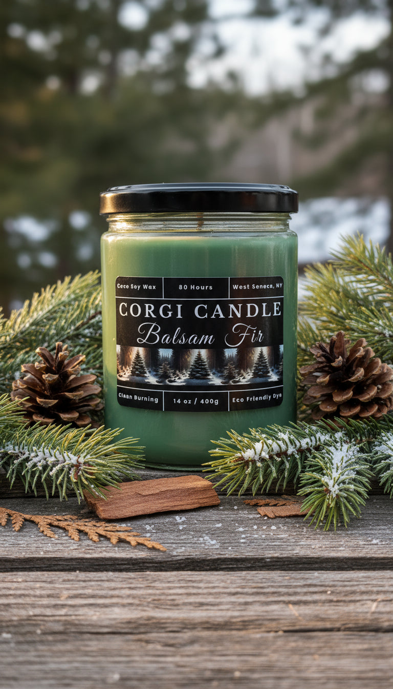 Corgi Candle Balsam Fir candle surrounded by pine cones and branches on a wooden surface.