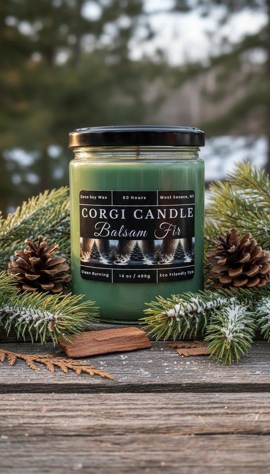 Corgi Candle Balsam Fir candle surrounded by pine cones and branches on a wooden surface.