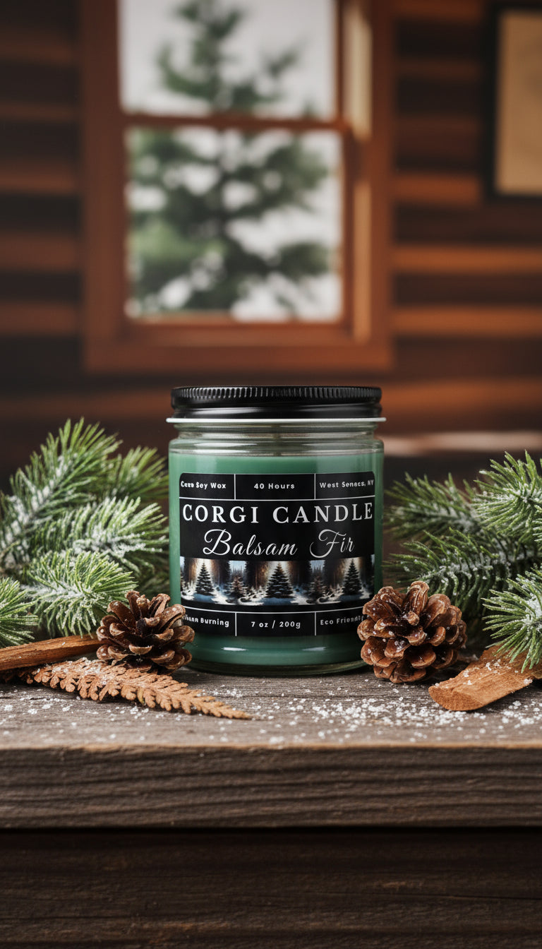 Corgi Candle Balsam Fir on a wooden surface with pine branches and pinecones.