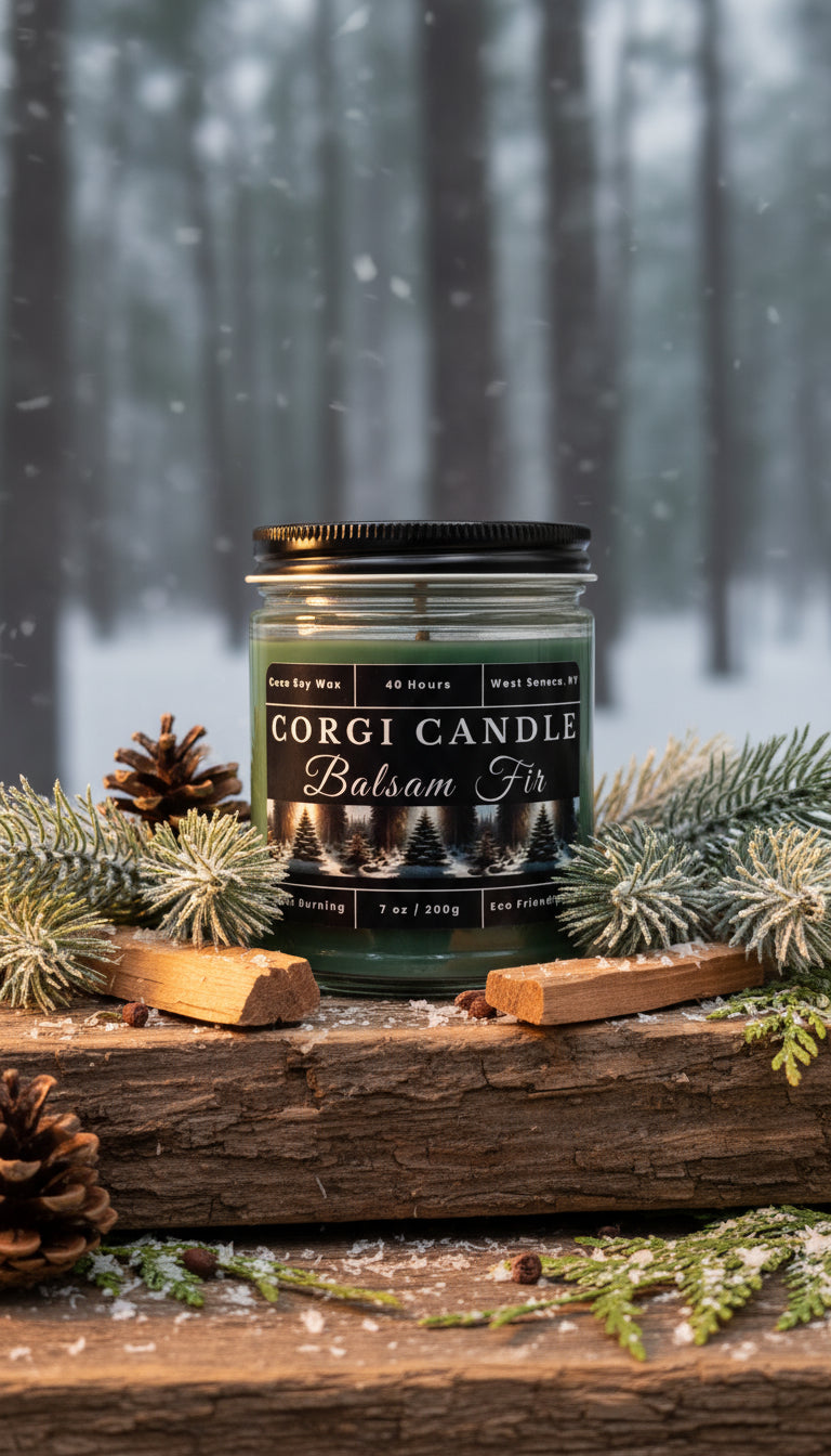 Corgi Candle Balsam Fir candle on a log with a forest background