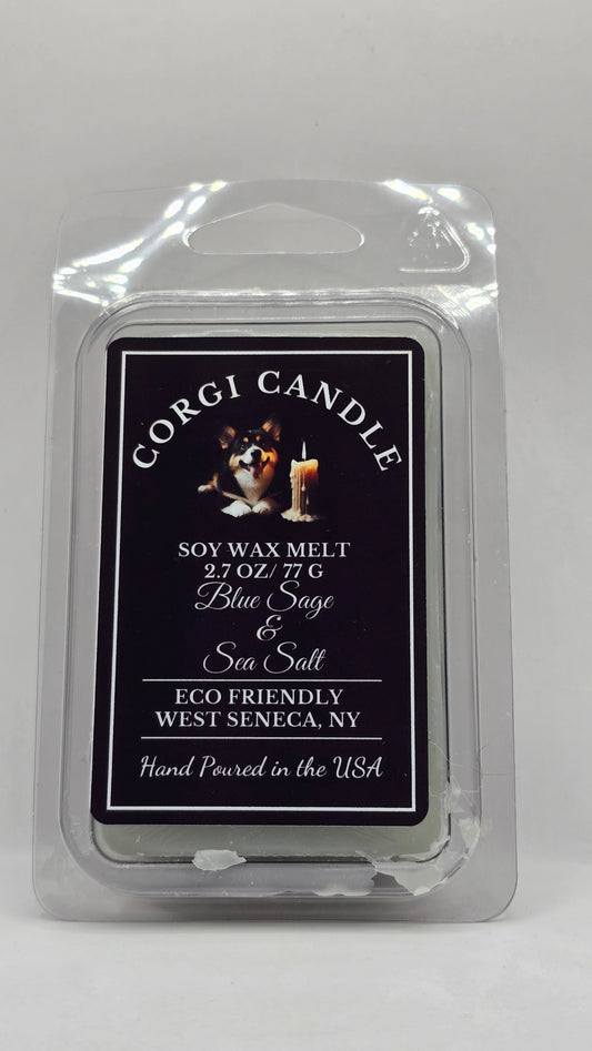 Blue Sage and Sea Salt Wax Melt – Hand Poured Soy Wax Melt by CORGI CANDLE in West Seneca NY featuring a clean coastal fragrance blend of blue sage, sea salt, and fresh ocean air. Black and white label on wax melt clamshell packaging.