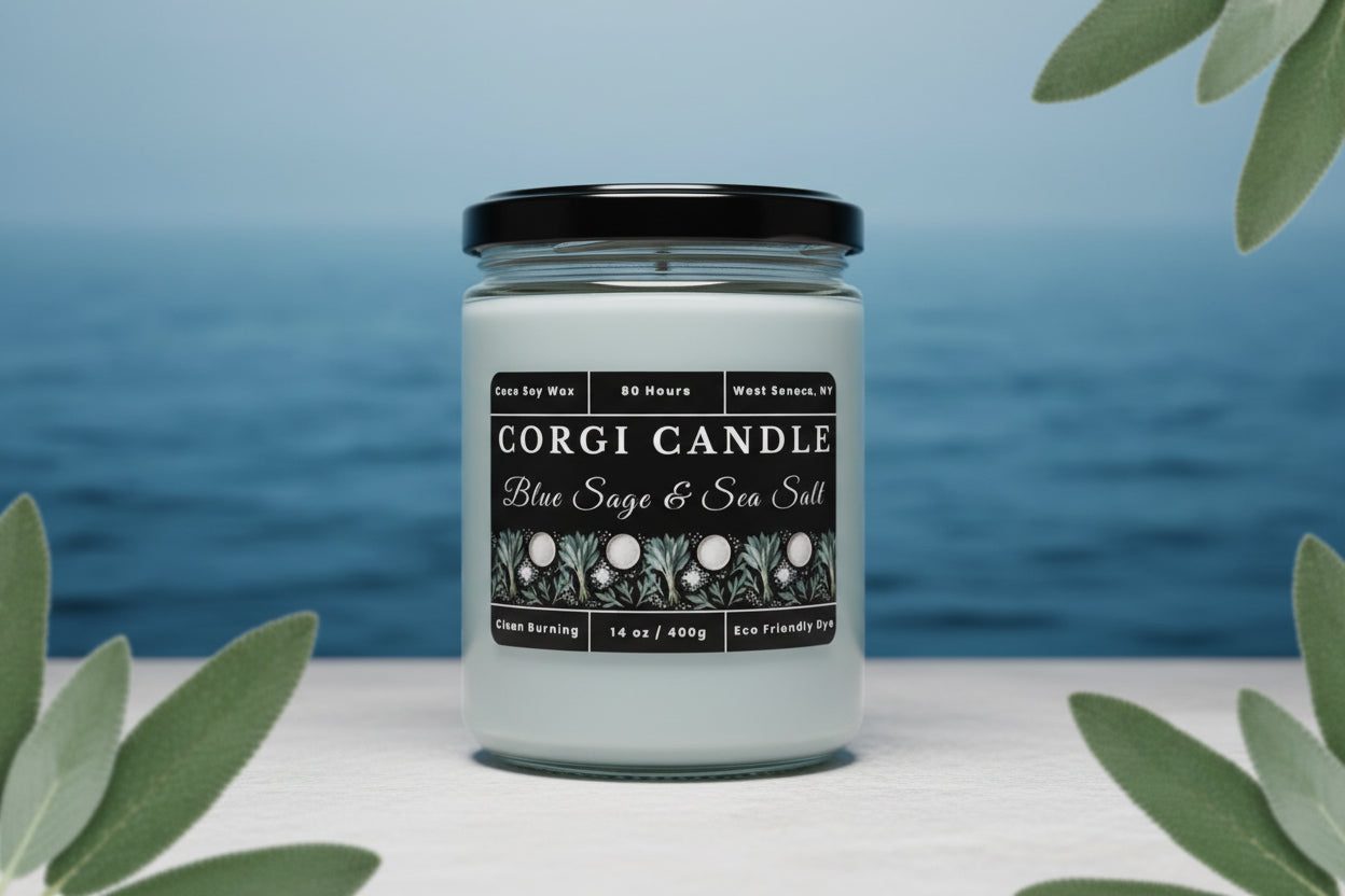 Blue Sage and Sea Salt 14 oz Soy Scented Candle by CORGI CANDLE in clear glass jar with lid, fresh coastal fragrance, eco-friendly hand-poured candle made in West Seneca NY