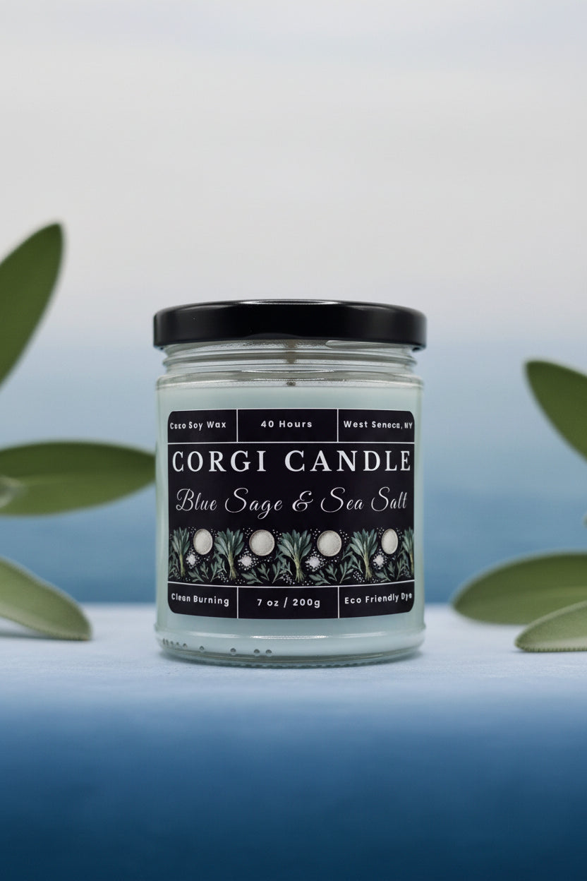 7 oz Blue Sage and Sea Salt soy scented candle by CORGI CANDLE, fresh coastal fragrance, small eco-friendly clean-burning candle