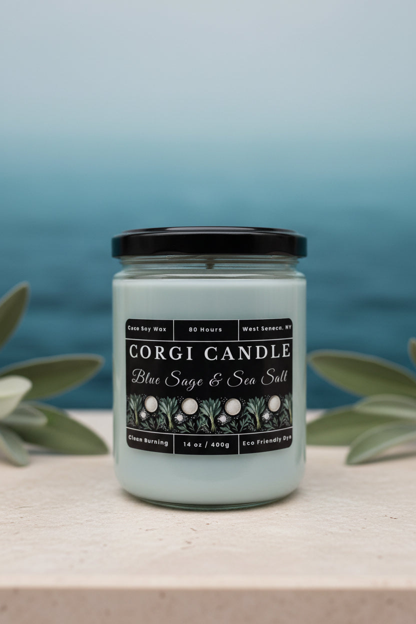 Blue Sage and Sea Salt 14 oz Soy Scented Candle by CORGI CANDLE in clear glass jar with lid, fresh coastal fragrance, eco-friendly hand-poured candle made in West Seneca NY