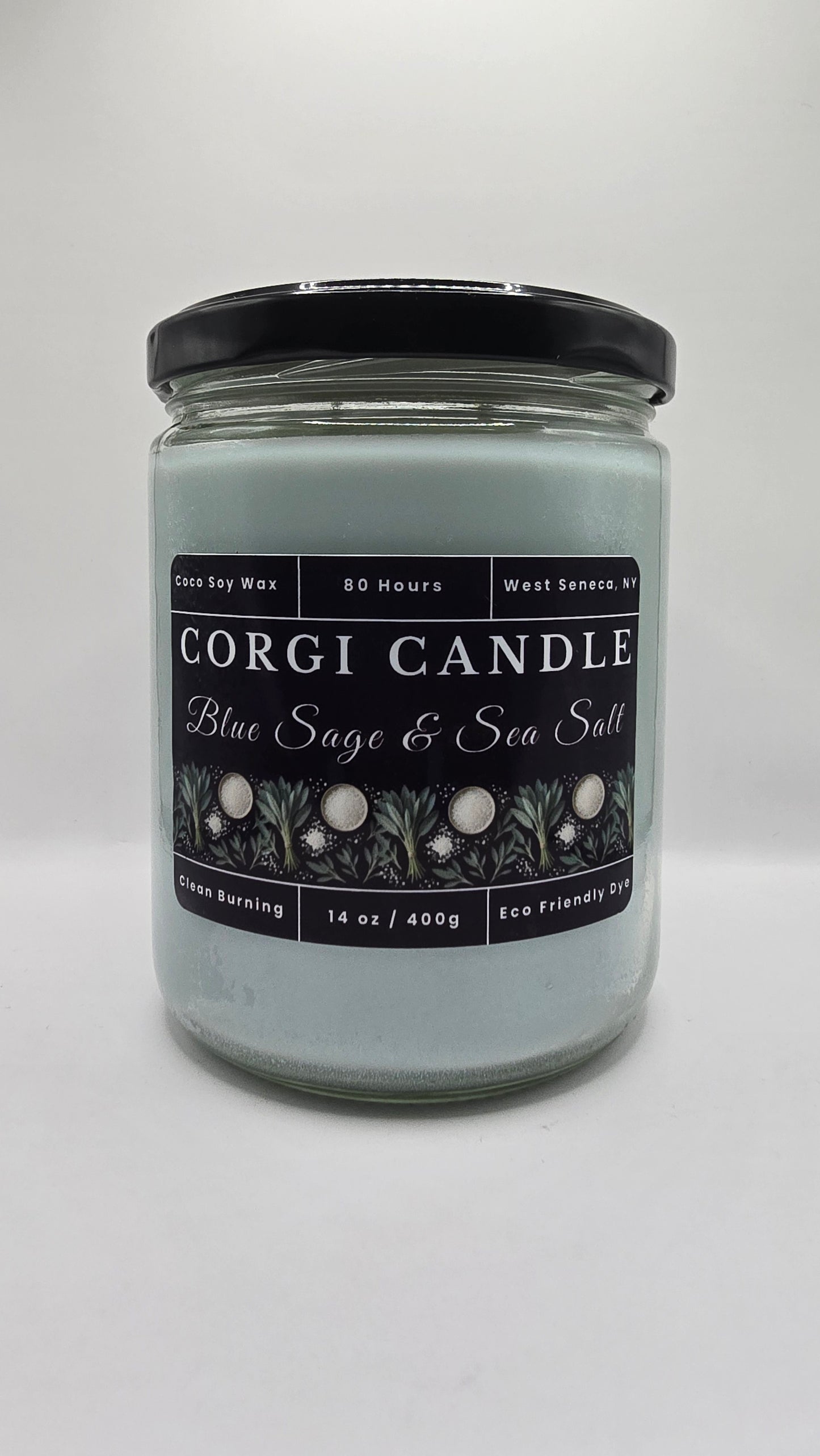 Blue Sage and Sea Salt 14 oz Soy Scented Candle by CORGI CANDLE in clear glass jar with lid, fresh coastal fragrance, eco-friendly hand-poured candle made in West Seneca NY