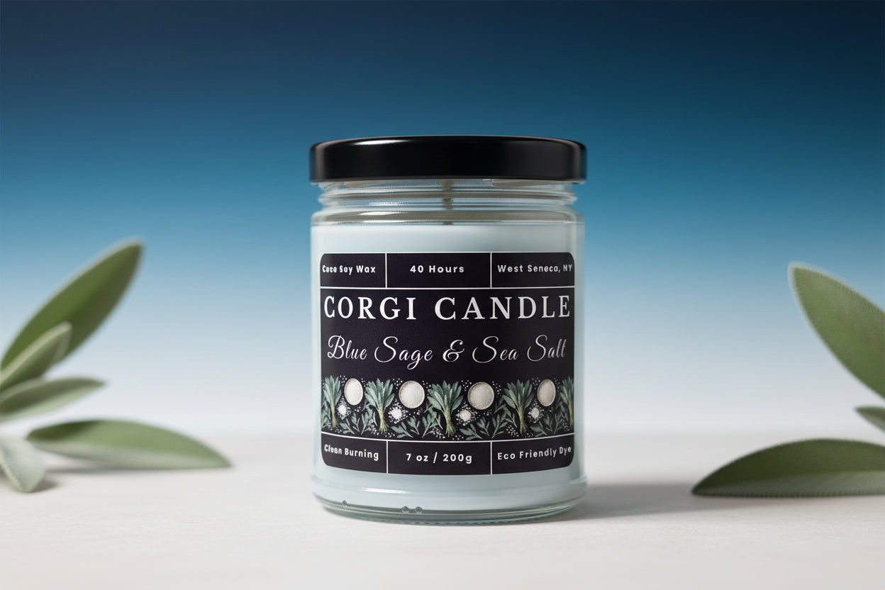 7 oz Blue Sage and Sea Salt soy scented candle by CORGI CANDLE, fresh coastal fragrance, small eco-friendly clean-burning candle