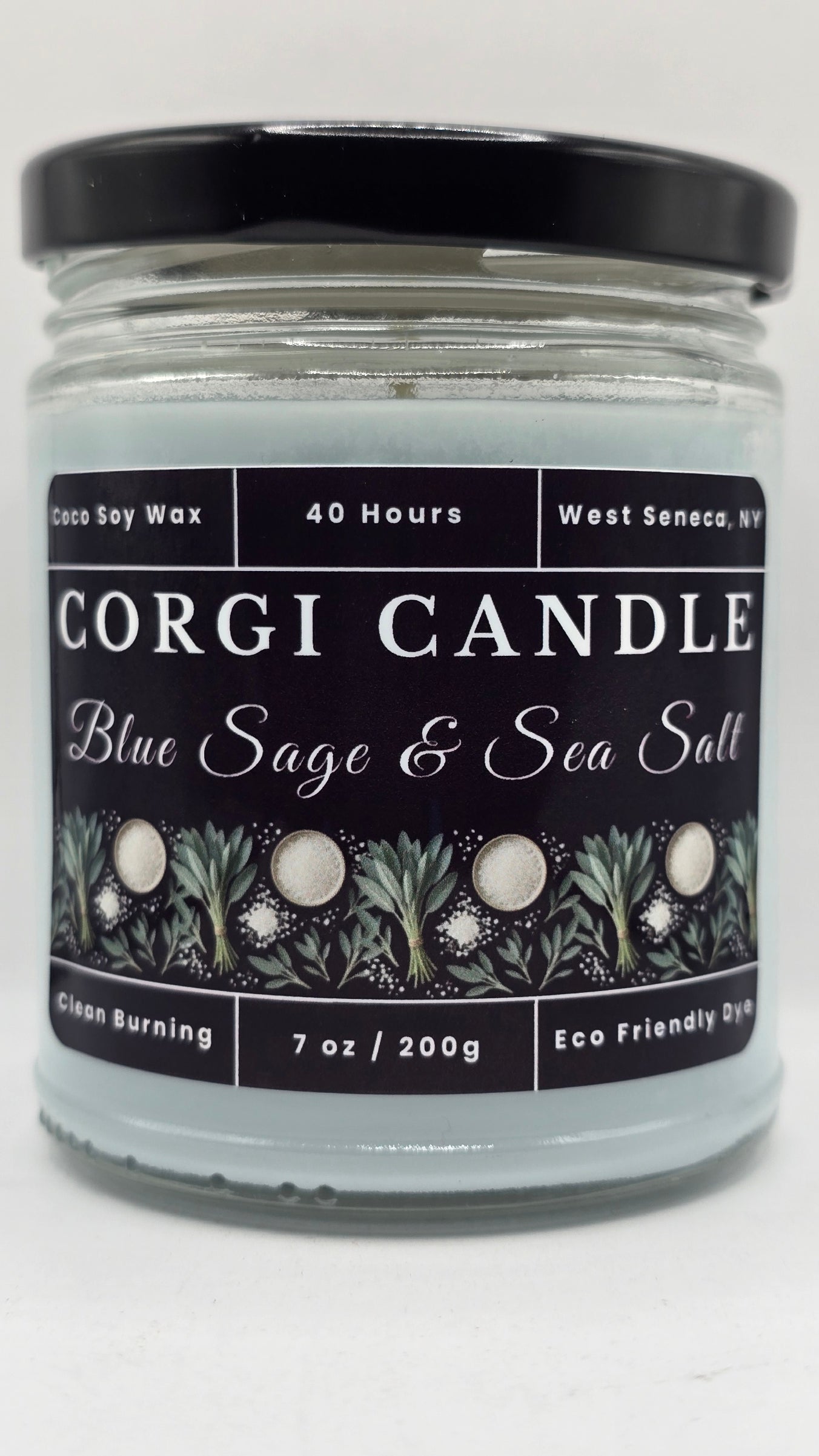 7 oz Blue Sage and Sea Salt soy scented candle by CORGI CANDLE, fresh coastal fragrance, small eco-friendly clean-burning candle