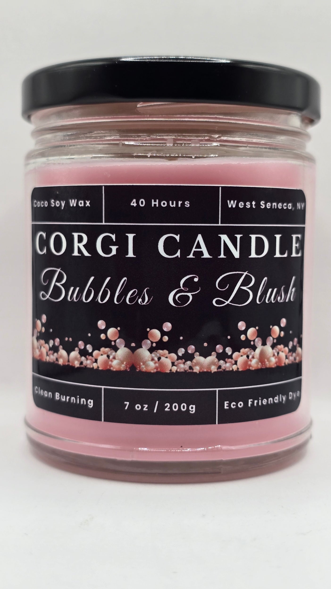 Bubbles & Blush 7 oz soy scented candle by CORGI CANDLE in clear glass jar, sparkling champagne inspired fragrance, eco-friendly candle hand poured in West Seneca New York