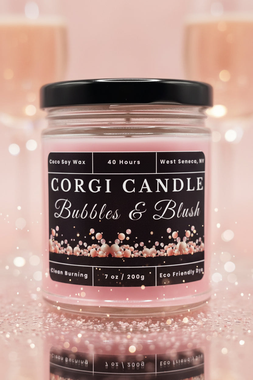 Bubbles & Blush 7 oz soy scented candle by CORGI CANDLE in clear glass jar, sparkling champagne inspired fragrance, eco-friendly candle hand poured in West Seneca New York