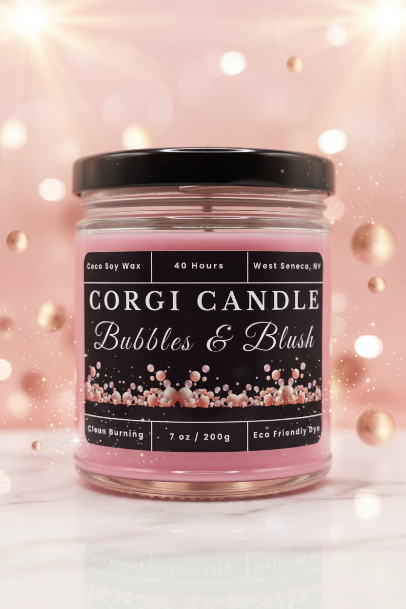 Bubbles & Blush 7 oz soy scented candle by CORGI CANDLE in clear glass jar, sparkling champagne inspired fragrance, eco-friendly candle hand poured in West Seneca New York