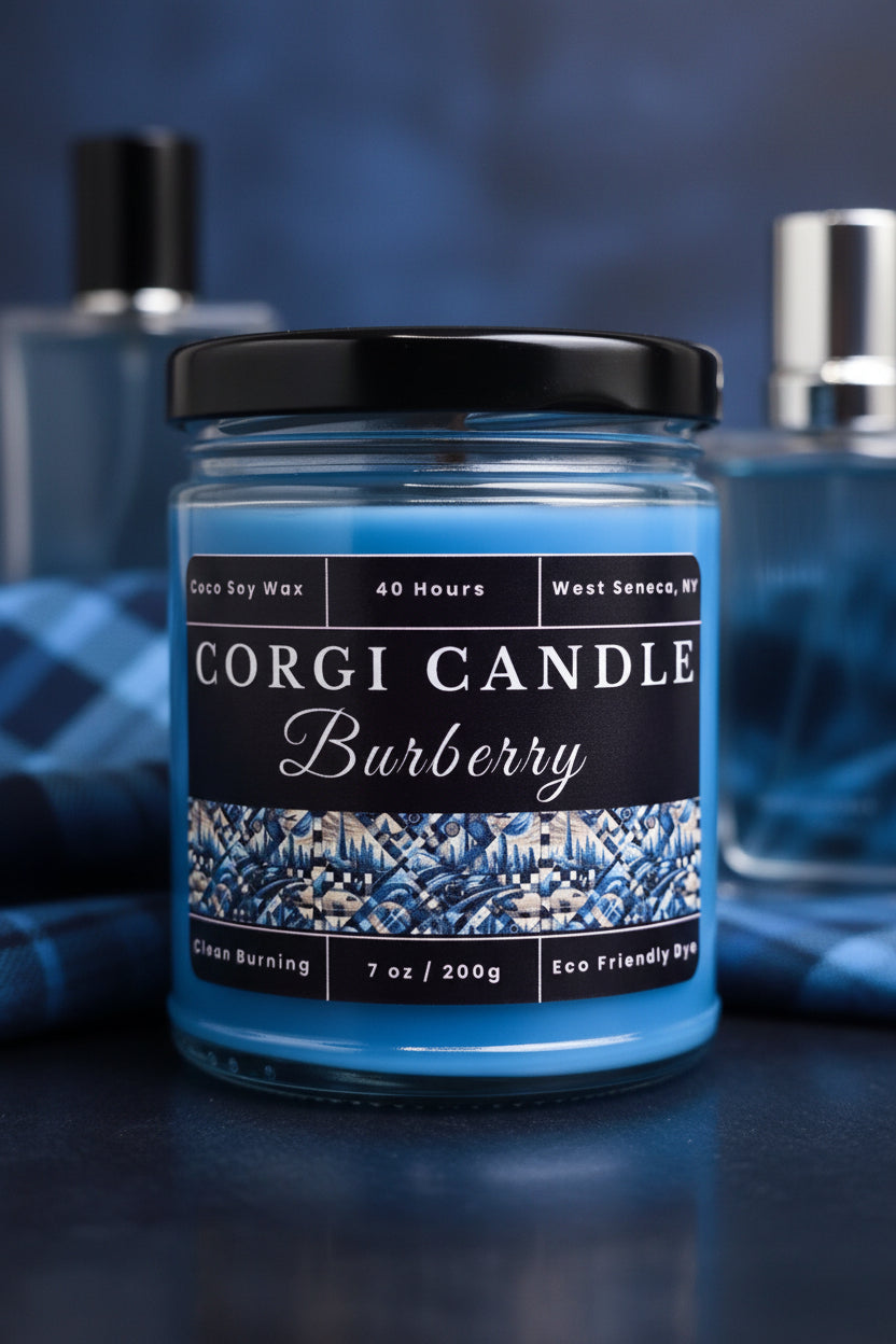 Burberry 7 oz soy scented candle by CORGI CANDLE in clear glass jar, luxury cologne inspired fragrance candle, eco-friendly candle hand poured in West Seneca New York