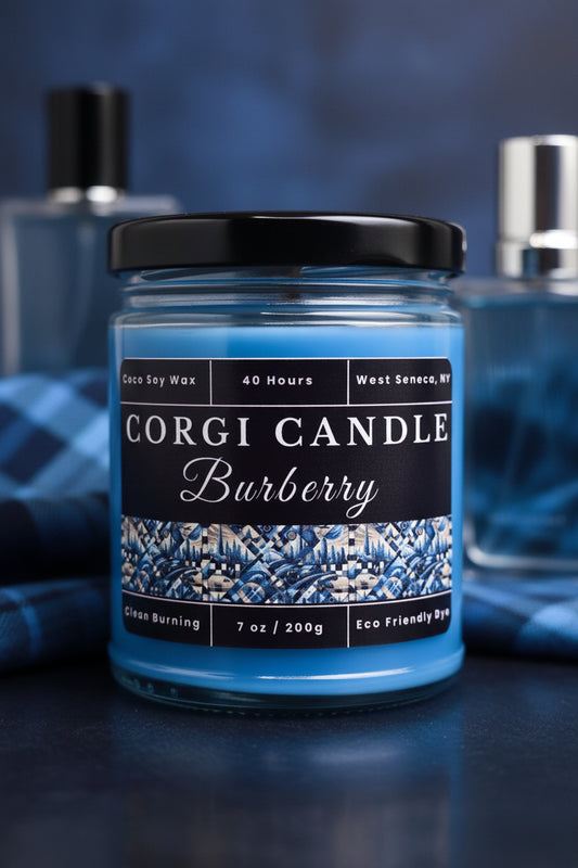 Burberry 7 oz soy scented candle by CORGI CANDLE in clear glass jar, luxury cologne inspired fragrance candle, eco-friendly candle hand poured in West Seneca New York