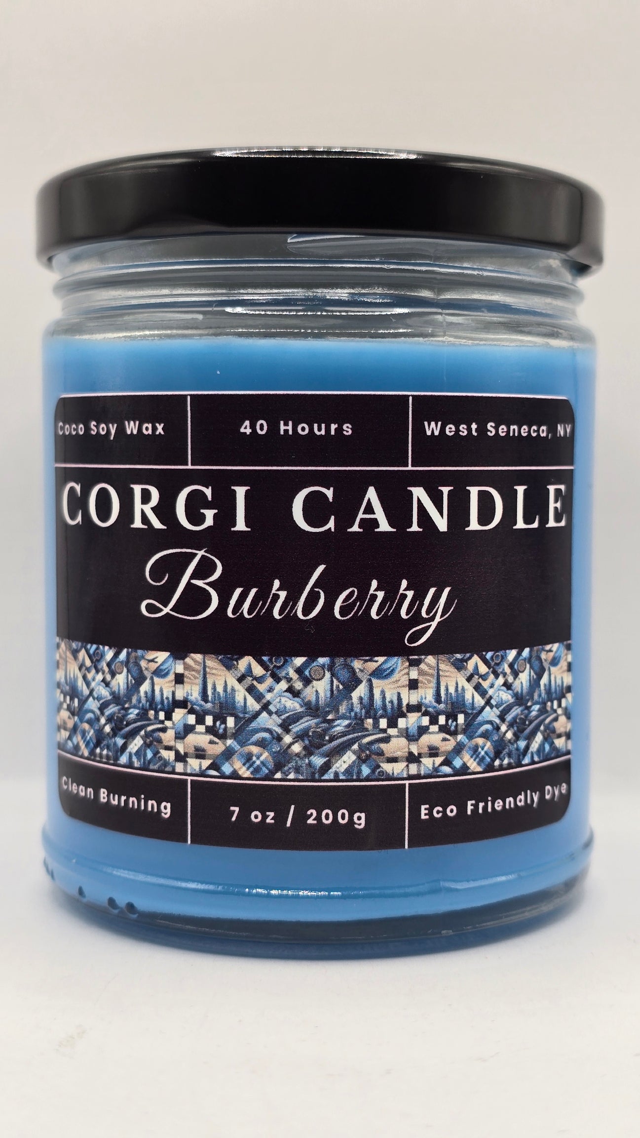 Burberry 7 oz soy scented candle by CORGI CANDLE in clear glass jar, luxury cologne inspired fragrance candle, eco-friendly candle hand poured in West Seneca New York