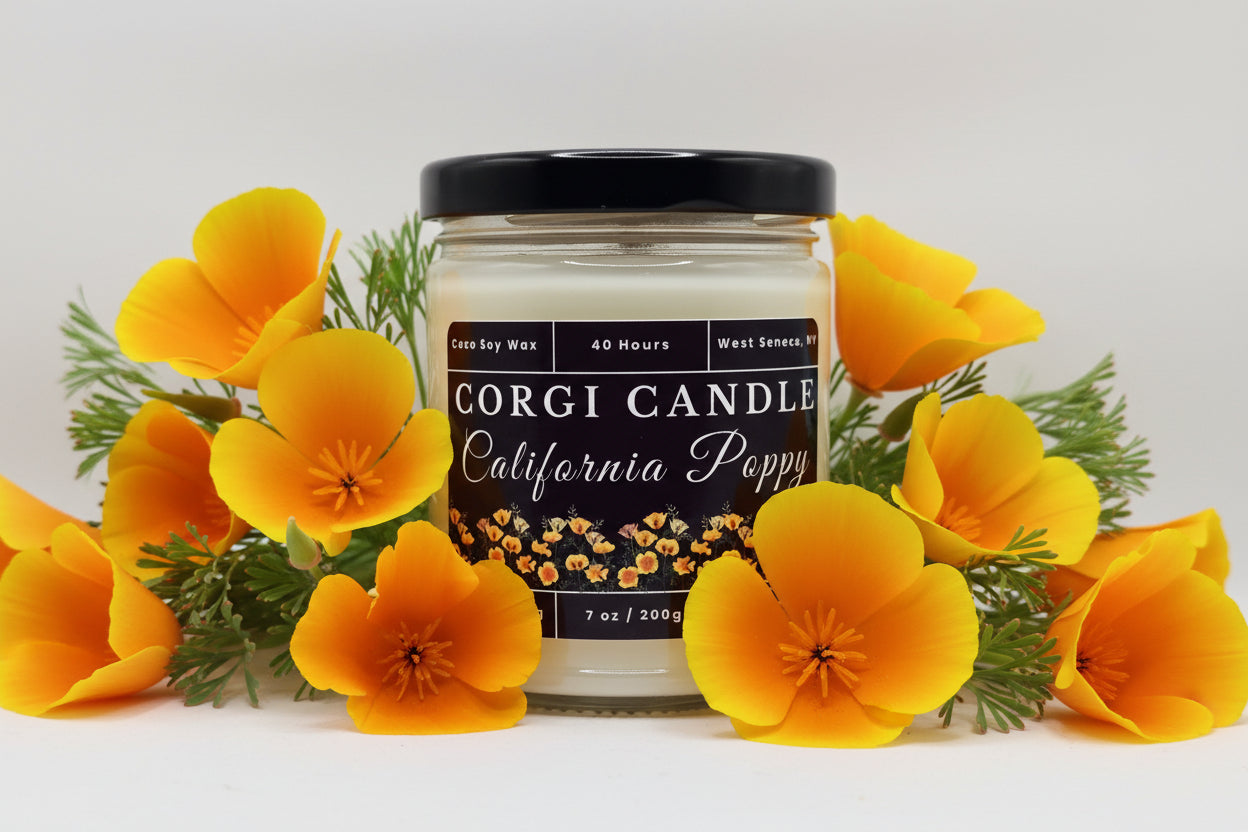 California Poppy 7 oz soy scented candle by CORGI CANDLE in clear glass jar, bright floral citrus fragrance, eco-friendly candle hand poured in West Seneca New York