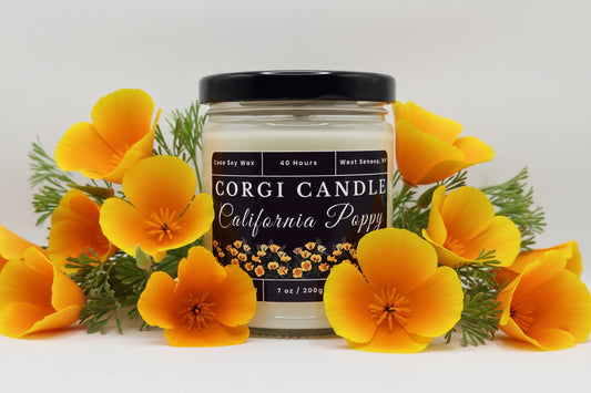 California Poppy 7 oz soy scented candle by CORGI CANDLE in clear glass jar, bright floral citrus fragrance, eco-friendly candle hand poured in West Seneca New York
