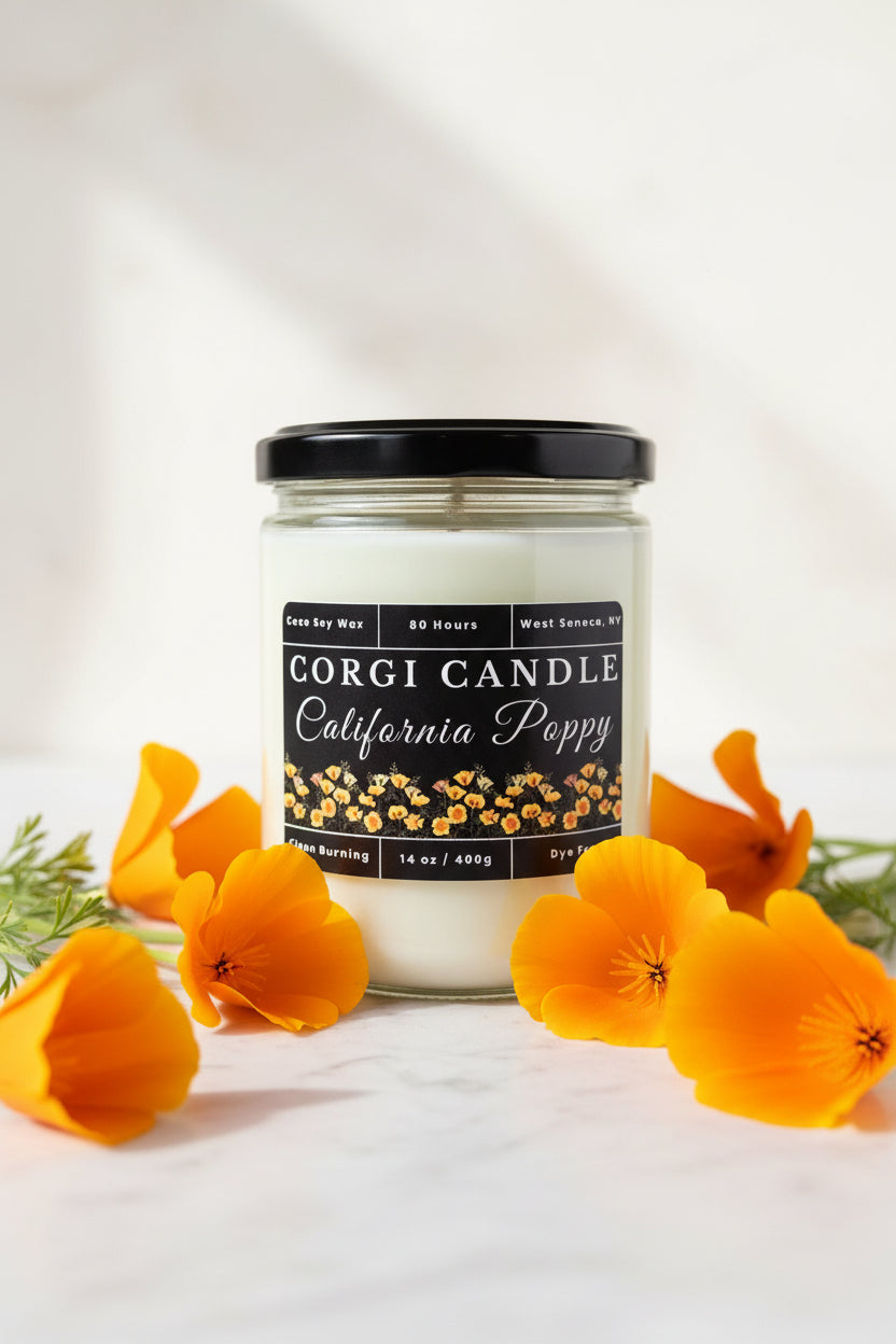 California Poppy 14 oz soy scented candle by CORGI CANDLE in large clear glass jar, bright floral citrus fragrance, eco-friendly candle hand poured in West Seneca New York