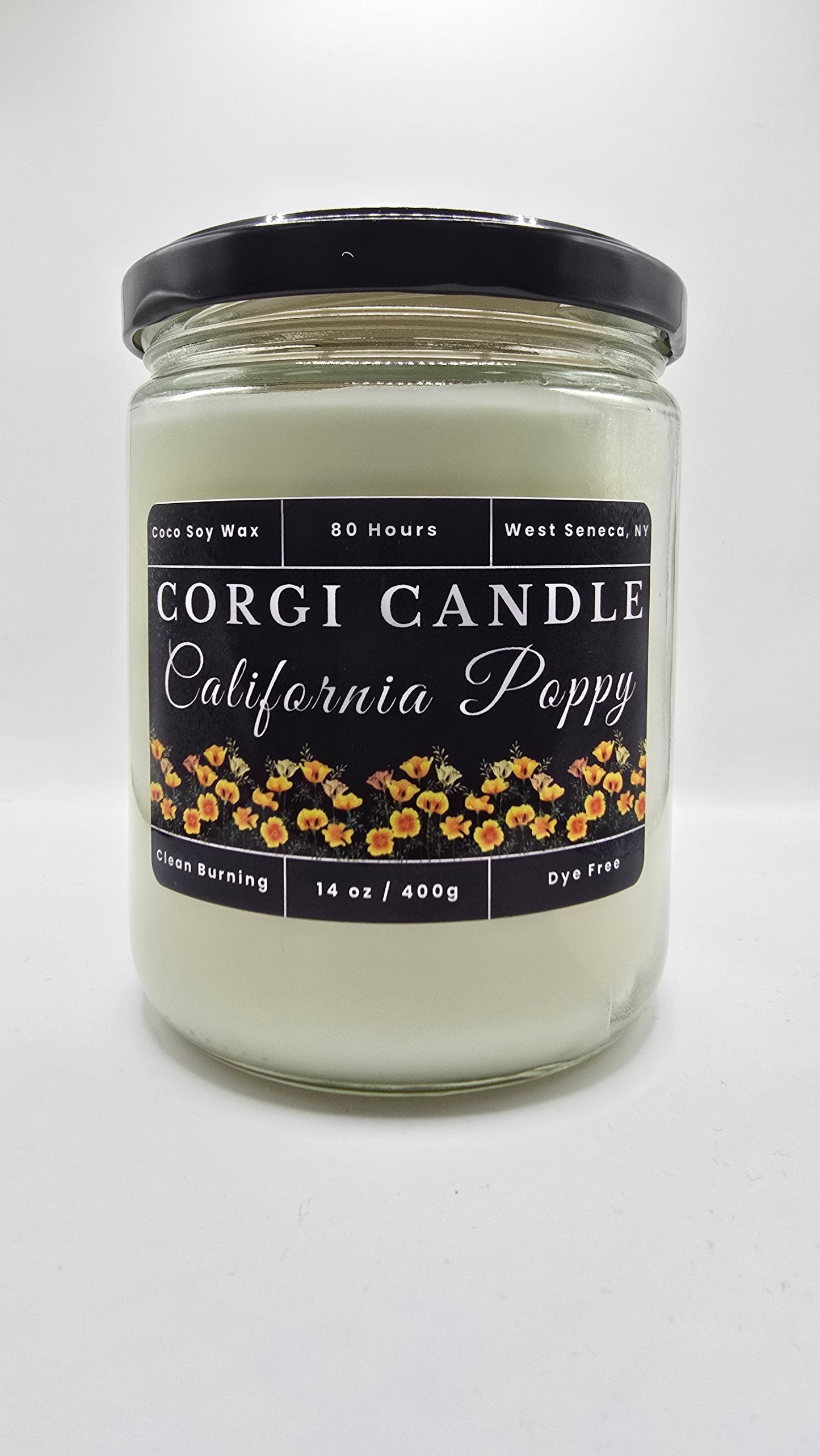 California Poppy 14 oz soy scented candle by CORGI CANDLE in large clear glass jar, bright floral citrus fragrance, eco-friendly candle hand poured in West Seneca New York