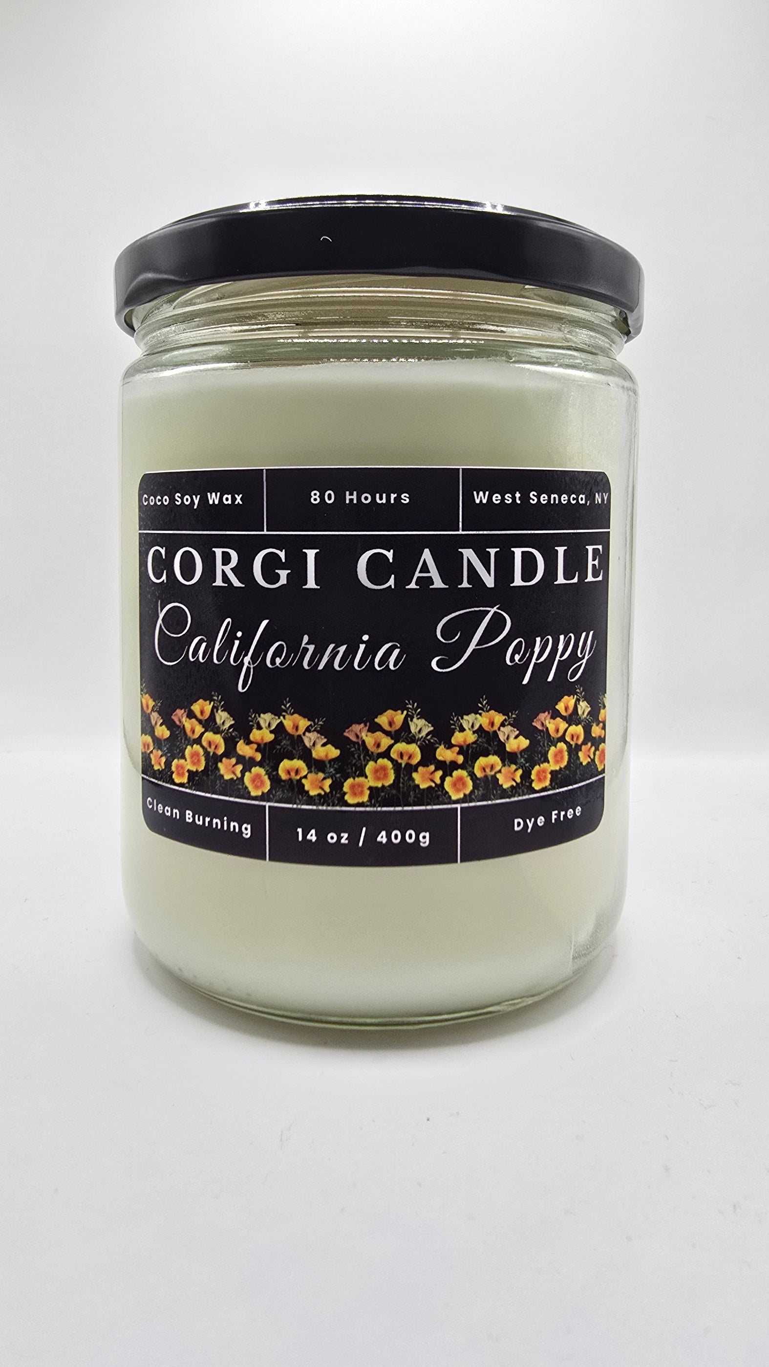 California Poppy 14 oz soy scented candle by CORGI CANDLE in large clear glass jar, bright floral citrus fragrance, eco-friendly candle hand poured in West Seneca New York