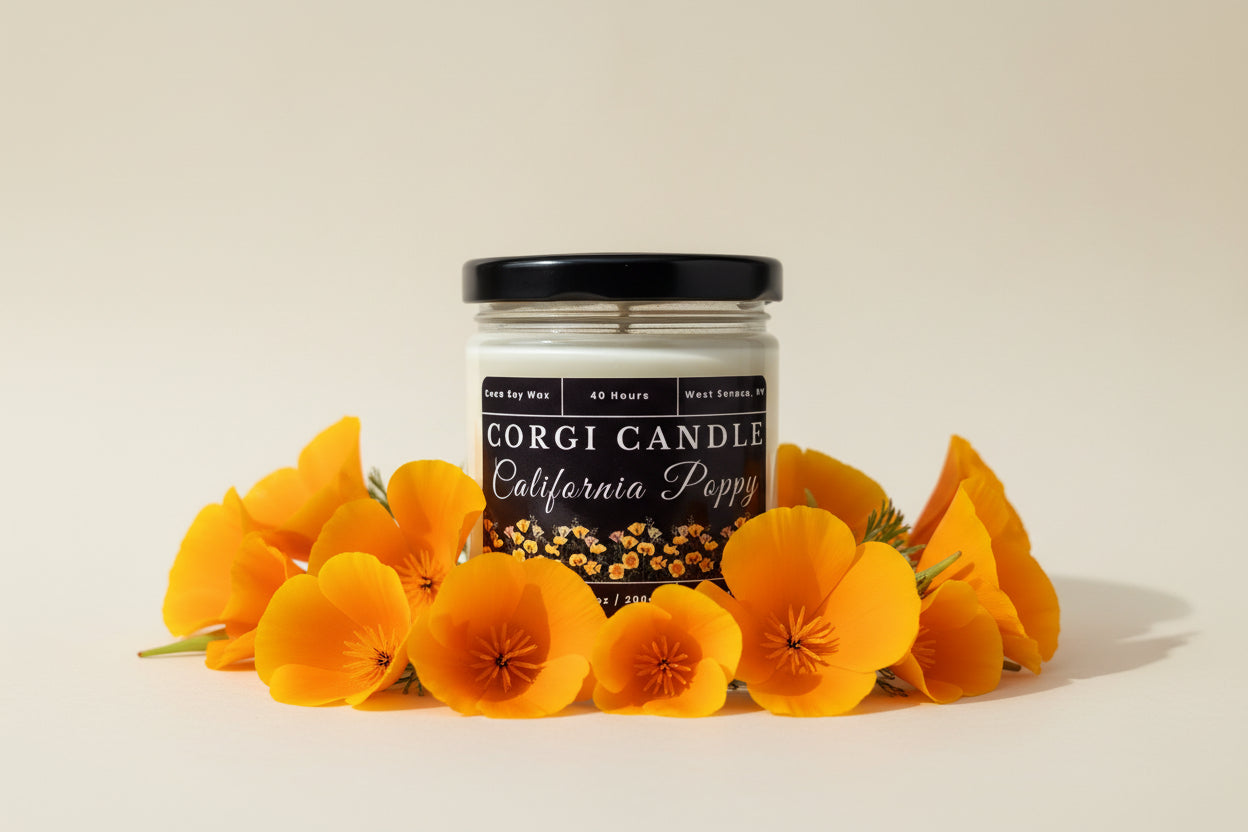 California Poppy 7 oz soy scented candle by CORGI CANDLE in clear glass jar, bright floral citrus fragrance, eco-friendly candle hand poured in West Seneca New York