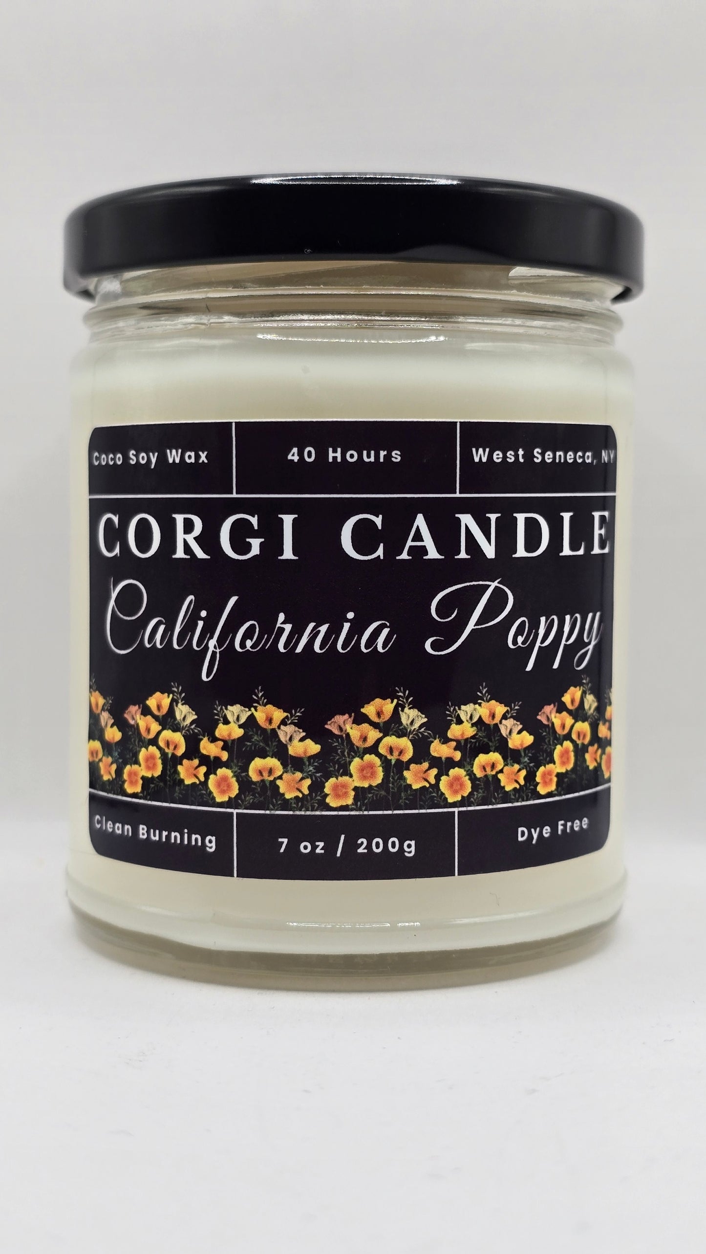 California Poppy 7 oz soy scented candle by CORGI CANDLE in clear glass jar, bright floral citrus fragrance, eco-friendly candle hand poured in West Seneca New York