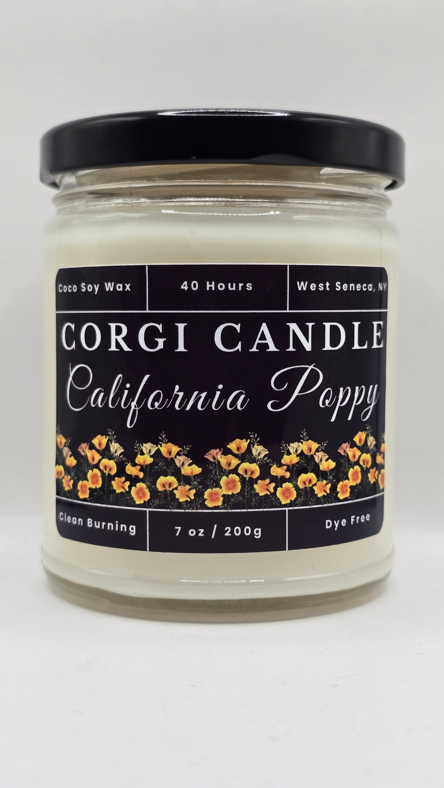 California Poppy 7 oz soy scented candle by CORGI CANDLE in clear glass jar, bright floral citrus fragrance, eco-friendly candle hand poured in West Seneca New York
